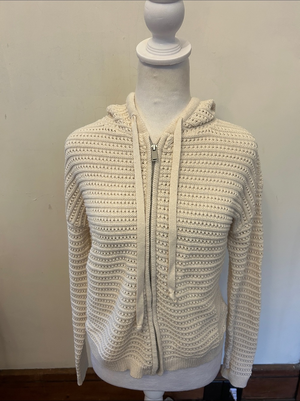 Rachel Zoe Cream Hooded Knit Zip Sweater Size M EUC